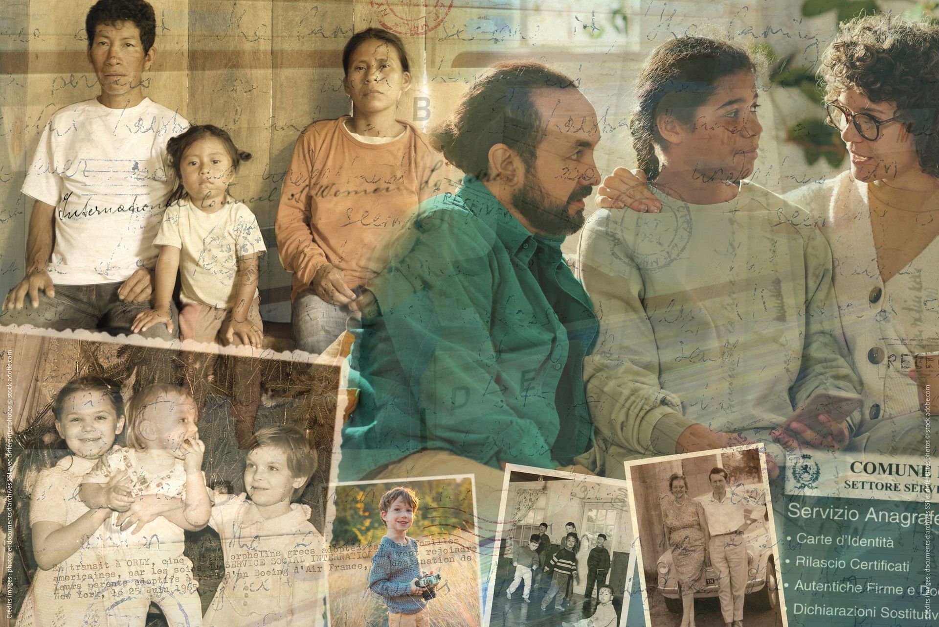 Visuel clé « Accompagner les familles » : familles d’hier et d’aujourd’hui sur fond de documents d’état civil