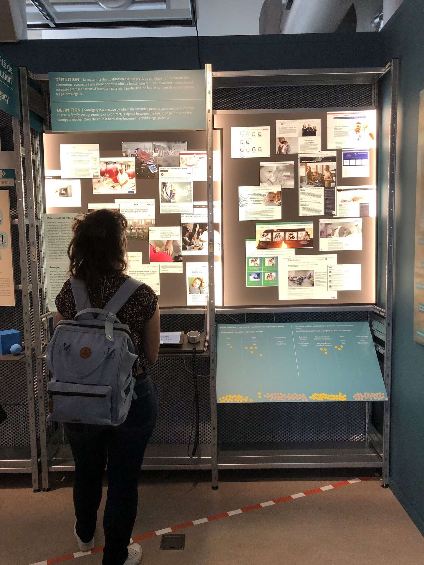 Une visiteuse découvre les panneaux du premier pavillon